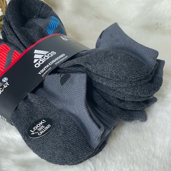 New with tag ADIDAS 6PK YOUTH CUSHIONED STAIN RESISTANT NO SHOW SOCKS SZ 13C-14Y - Picture 3 of 3